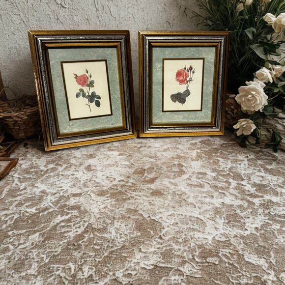 Set of 2 Vintage Rose Botanical Prints | Gold Wood Frame | Cottagecore Wall Art - Picture 2 of 11